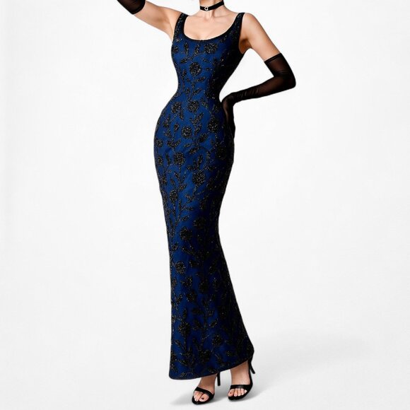 Vintage Y2K Blue Floral Beaded Silk Bodycon Maxi Formal Prom Dress Size L/XL - Picture 1 of 8